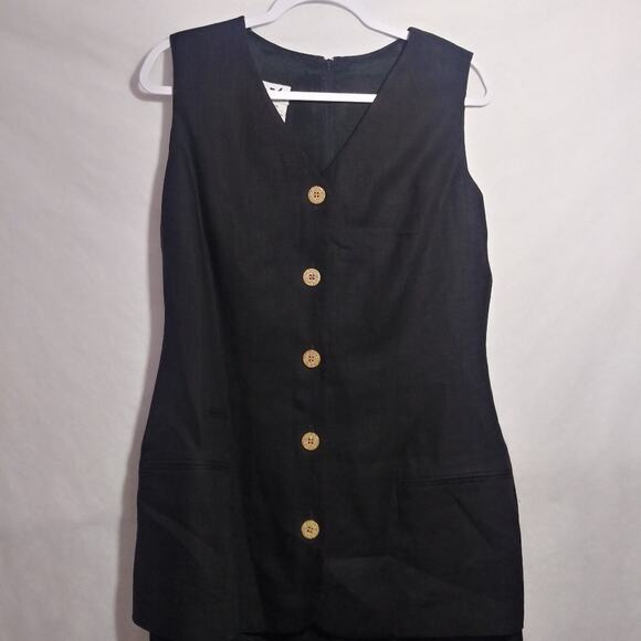 Sake Black Linen Sleeveless Dress Pleated Button Front Career Size 10 - Picture 3 of 10